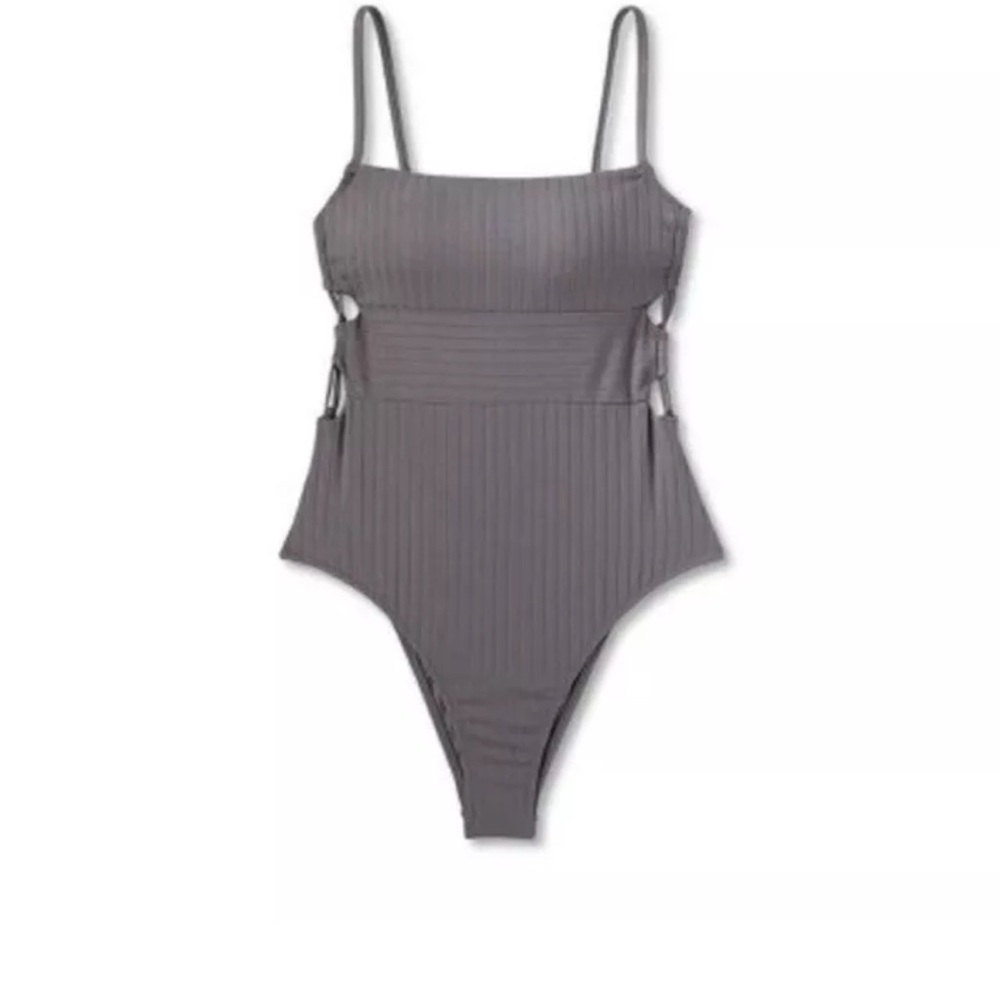 Shade & Shore Womens Gray Ribbed Strappy Side Square Neck Swimsuit Large 12-14